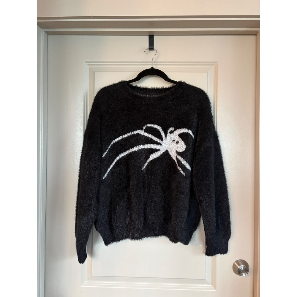 Black Fuzzy Spider Sweater Goth Halloween L/XL